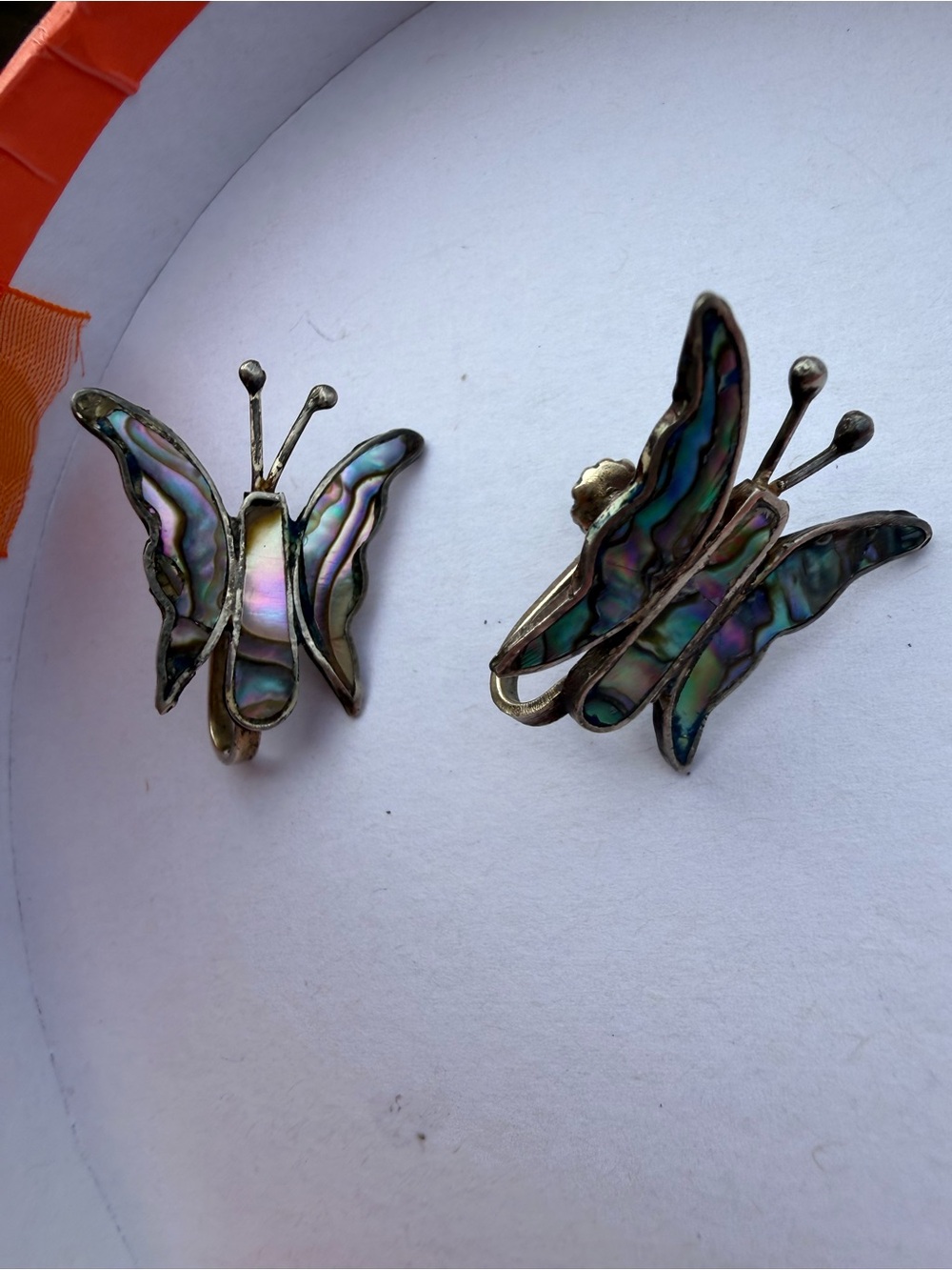 Vintage Mexican Silver Abalone Shell Butterfly Earrings Screw Back Alpaca Mexico